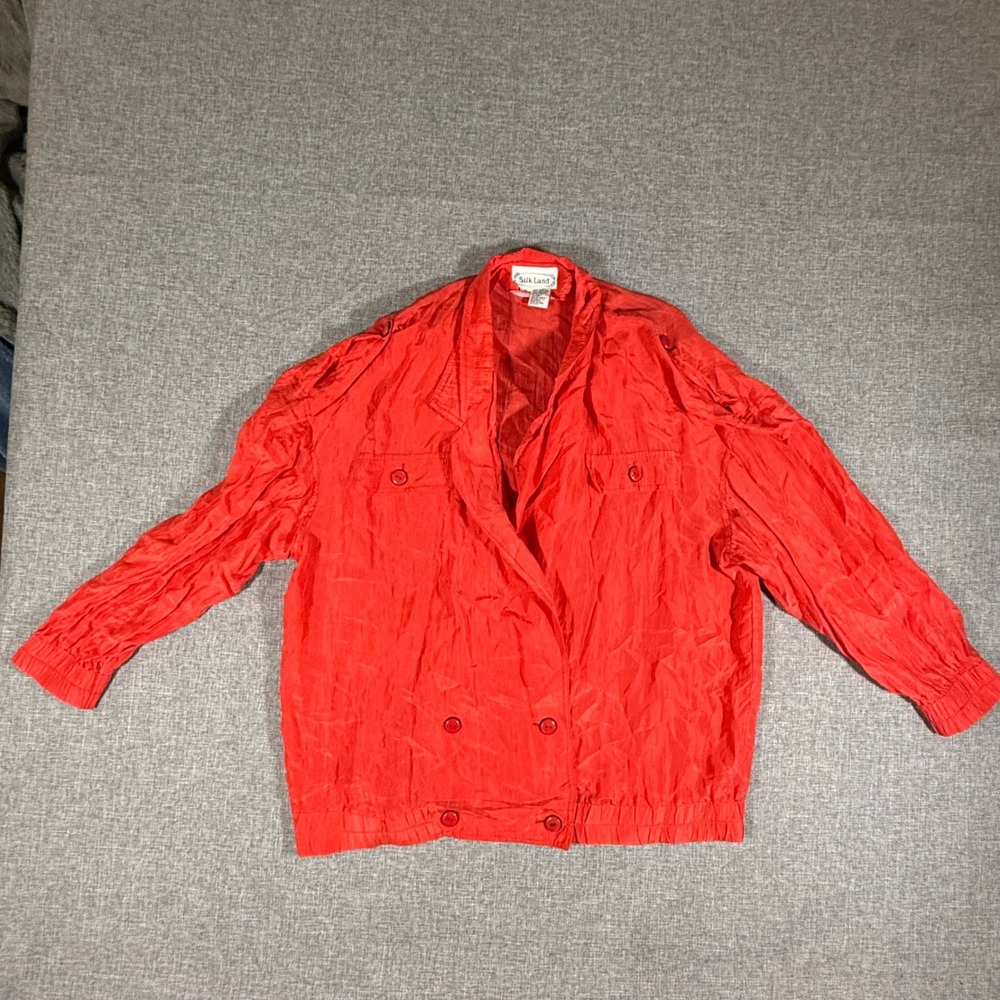 VTG Silkland Red Bomber Double Breasted Blouse Womens Large Pure Silk 80s 90s